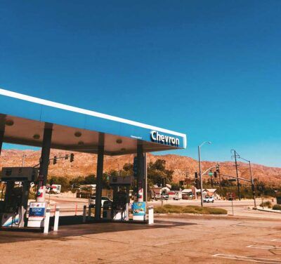 View of a Chevron station in California in the early evening.