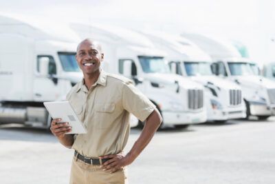 Fleet manager standing in front of commercial trucks using tablet