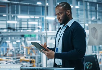 Fleet manager using tablet to manage gas expenses with fleet cards