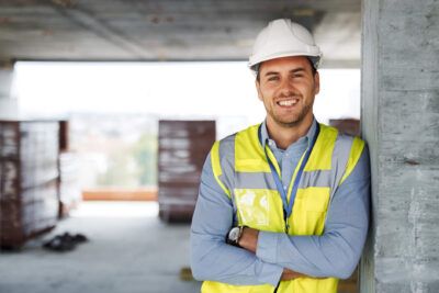 A construction company owner at a construction site smiling with a hardhat and safety vest on.
