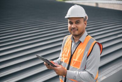A roofing contractor reviews fuel card usage from his fleet from a roofing job right from his tablet.