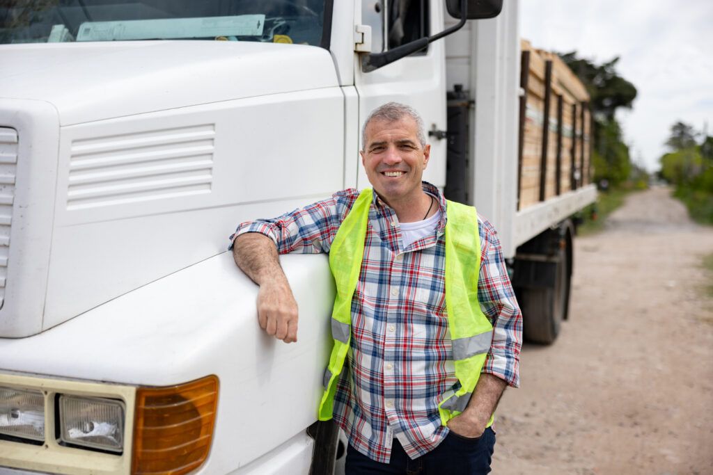 A roofing employee stands by his rig.