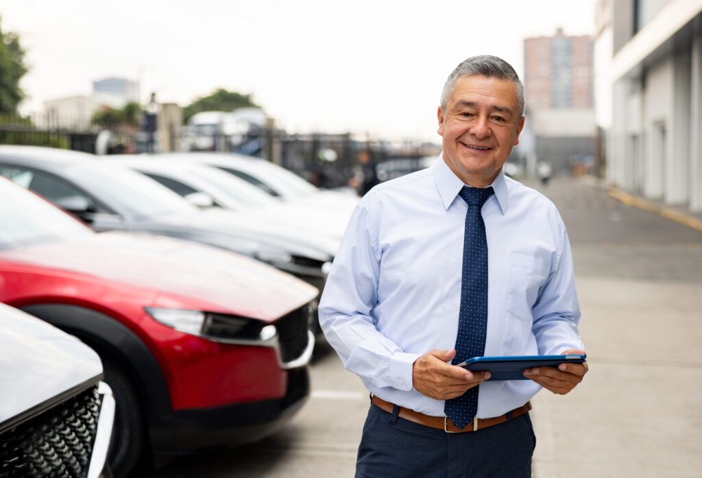 A real estate brokerage owner stands outside in front of his team’s vehicles holding a tablet.