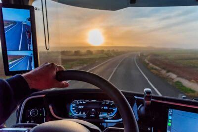View out the windshield of a semi truck while a driver navigates his fleet.